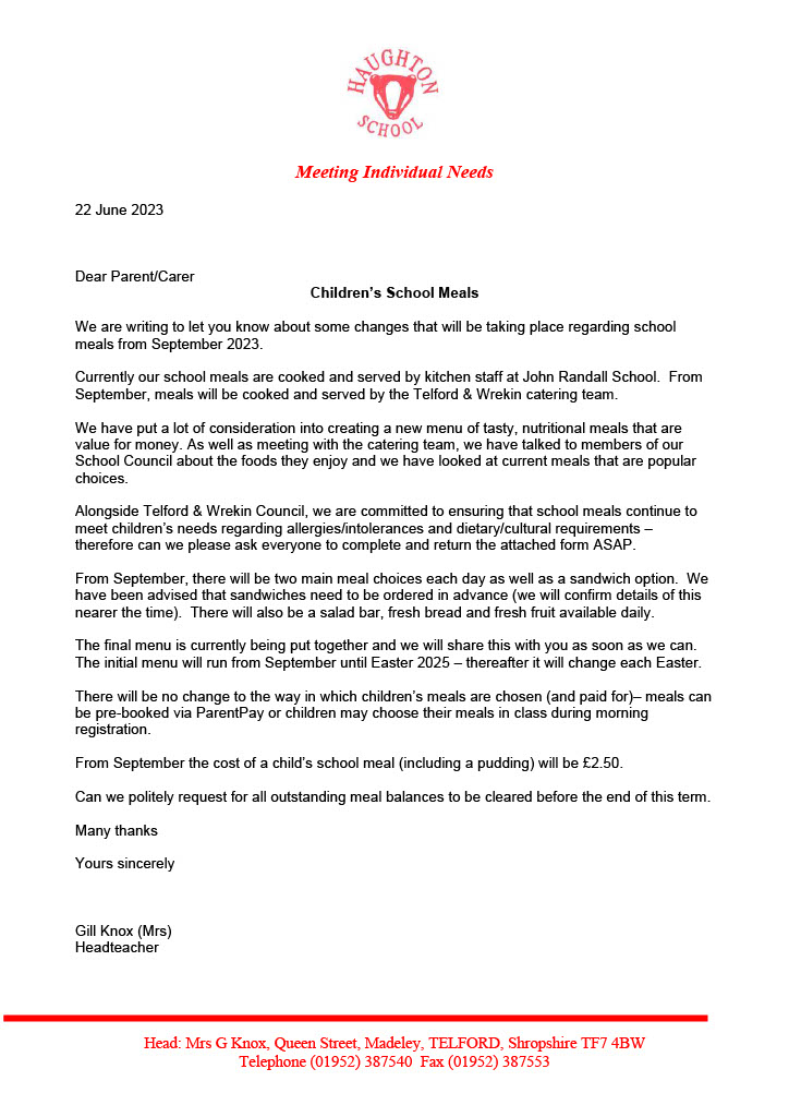 Meals and Menu | Haughton School